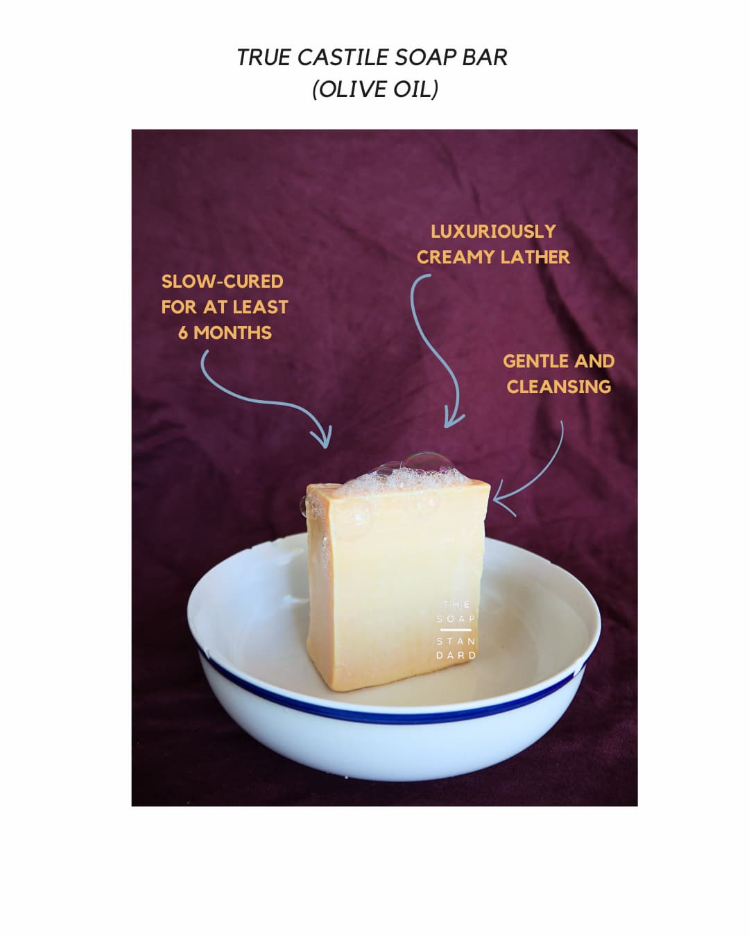 Sudsy True Castile Soap Bar in a white ceramic bowl on a purple background. Text reads: Slow-Cured For At Least 6 Months, Luxuriously Creamy Lather, Gentle And Cleansing.
