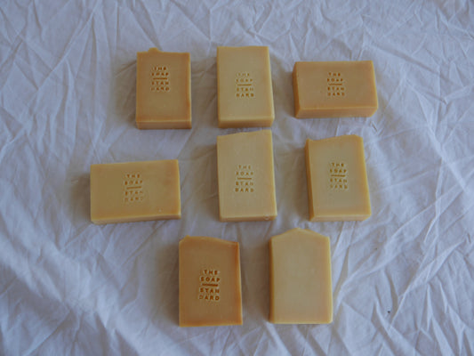 Flat lay of soap bars on white background